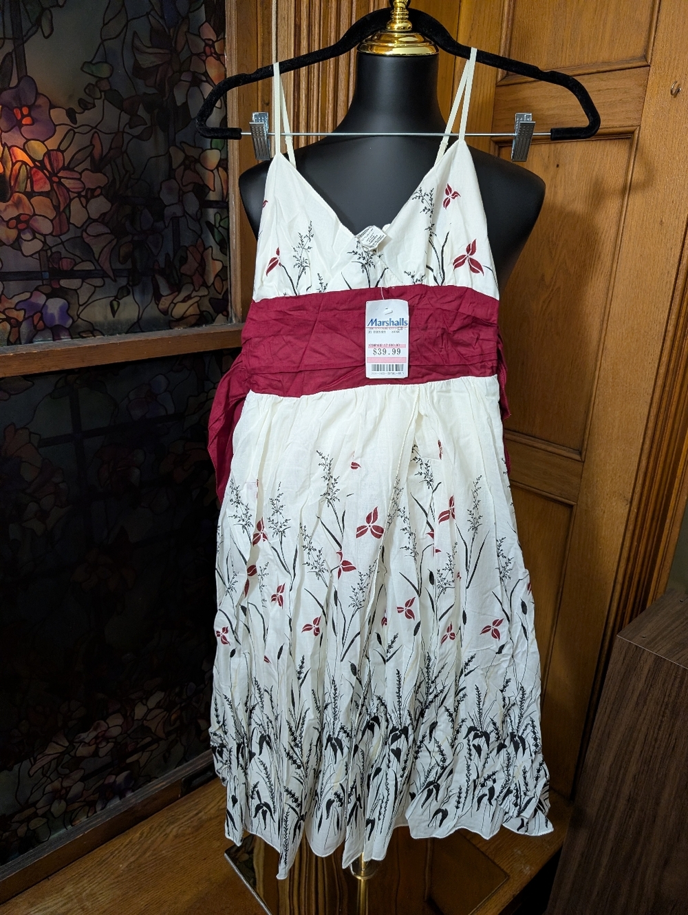NWT Max Studio White Floral Dress with Burgundy Sash